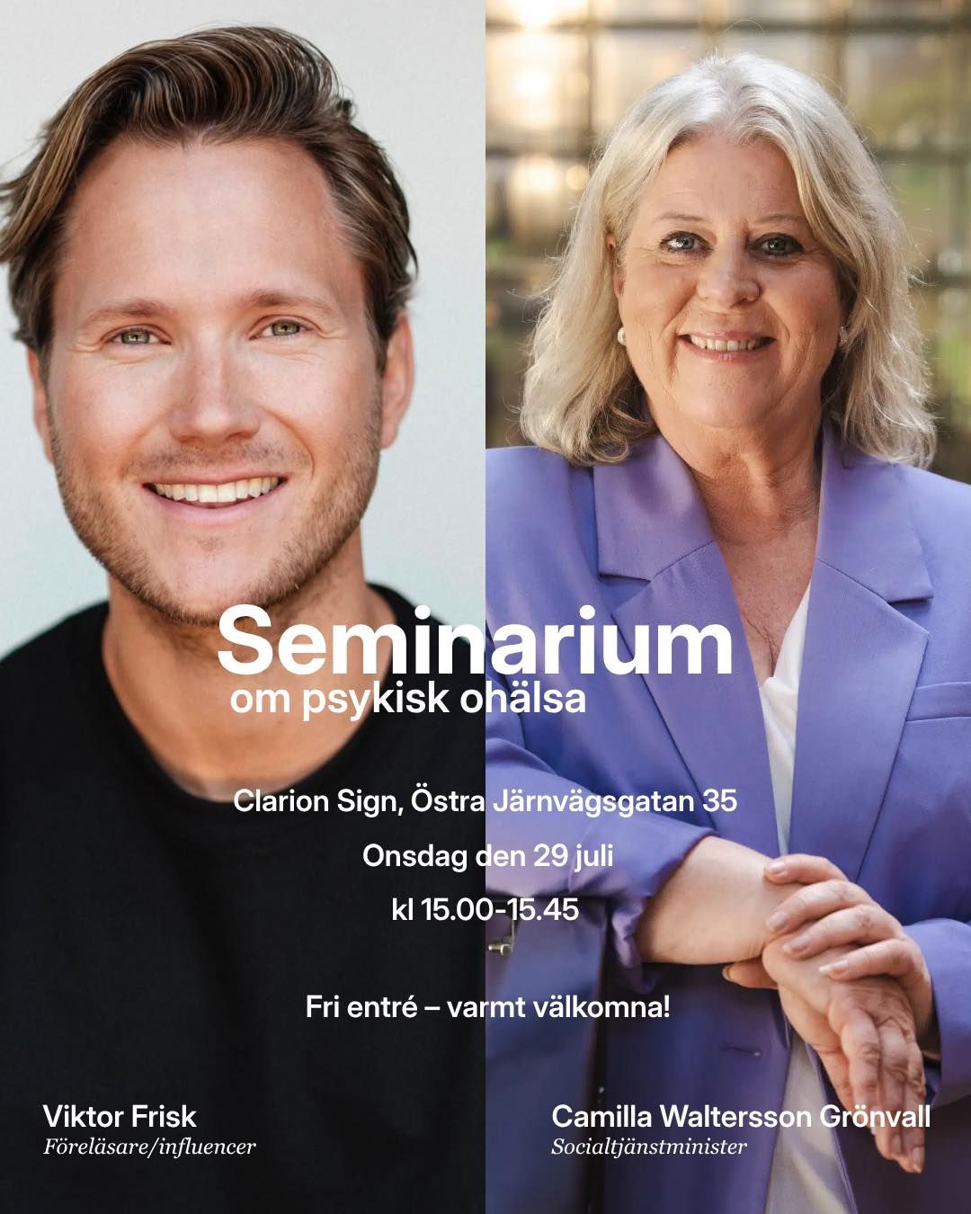 Öppna Moderater Stockholm och Öppna Moderater bjuder in till Seminarium om Psykisk Ohälsa med Socialtjänstminister Camilla Waltersson Grönvall och Viktor Frisk. 💙

Evenemanget äger rum onsdagen den 29 juli på Clarion Sign
Östra Järnvägsgatan 35
Kl 15:00-15:45

Ingen entréavgift behöver erläggas.

I Pride House värnar vi om det demokratiska samtalet och vikten att mötas, reflektera bakåt och blicka framåt.
Här hittar du också författarsamtal, debatter och konstgalleri och workshops.
Varmt välkomnaⓂ️ @moderaterna